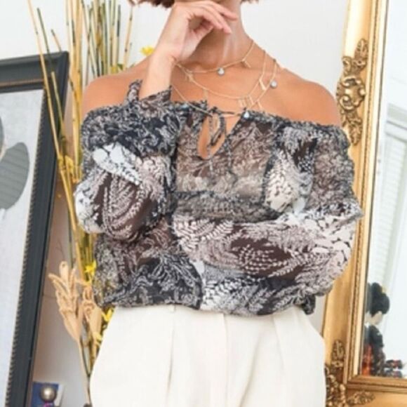 See by Chloe 100% Silk Jungalow Zebra Leopard Print Keyhole Off Shoulder Blouse - Picture 10 of 13